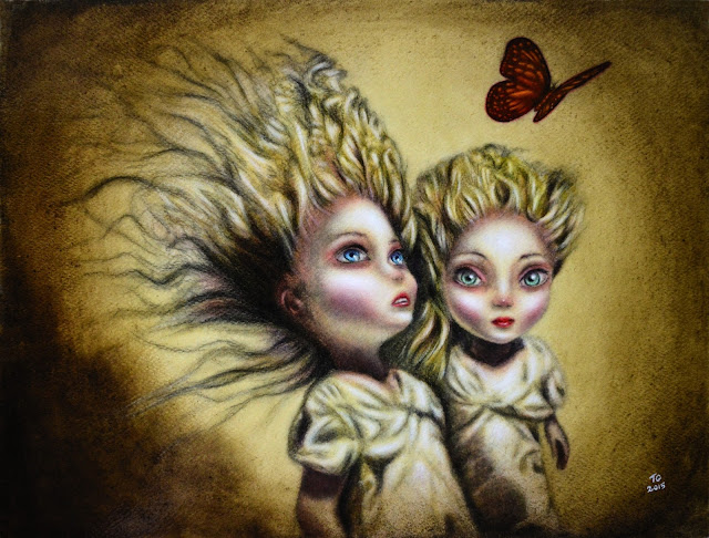 painting of two little sisters chasing a butterfly by tiago azevedo a lowbrow pop surrealism artist