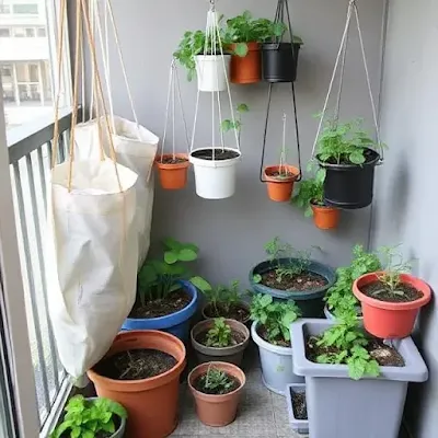 Different containers grow bags, hanging pots, and plastic planters on a small balcony