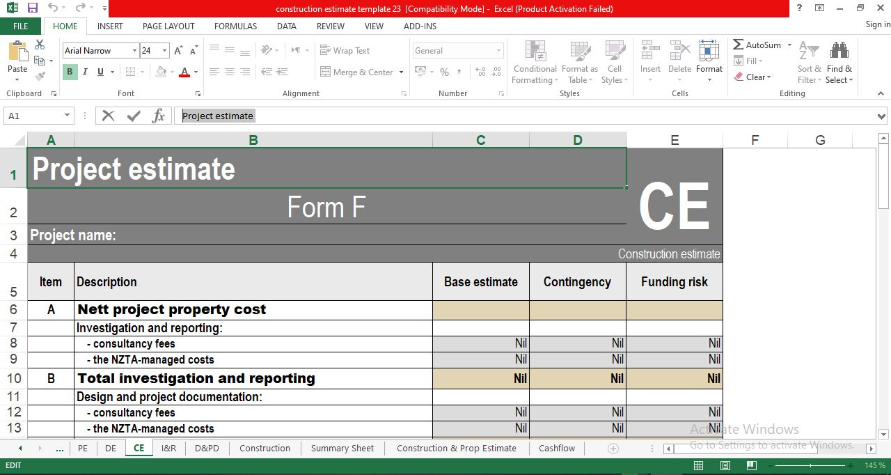 Construction Cost Estimate Template Excel