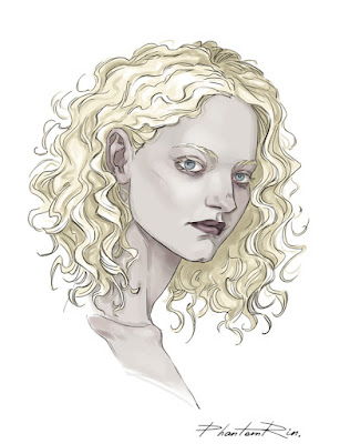 Ilustración de Paige Mahoney, un rostro blanco pálido afilado con una melena rubia.