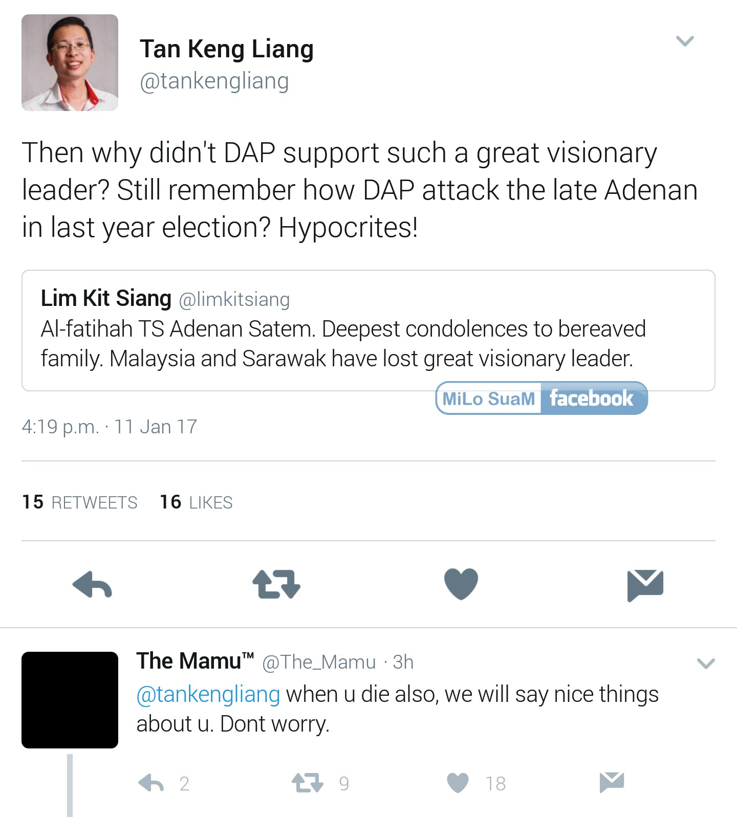 Lim Kit Siang kena kutuk sebab ucap takziah kepada Adenan 