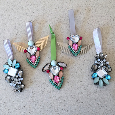 Holiday ornaments made from old broken jewelry