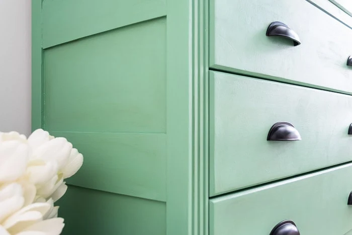 green cottage dresser, black cup pulls