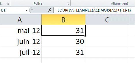 capture d'écran Excel - formule de calcul du nombre de jours dans un mois