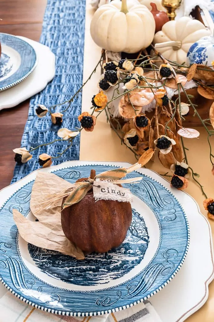 vintage blue transferware, paper leaves, primitive pumpkin