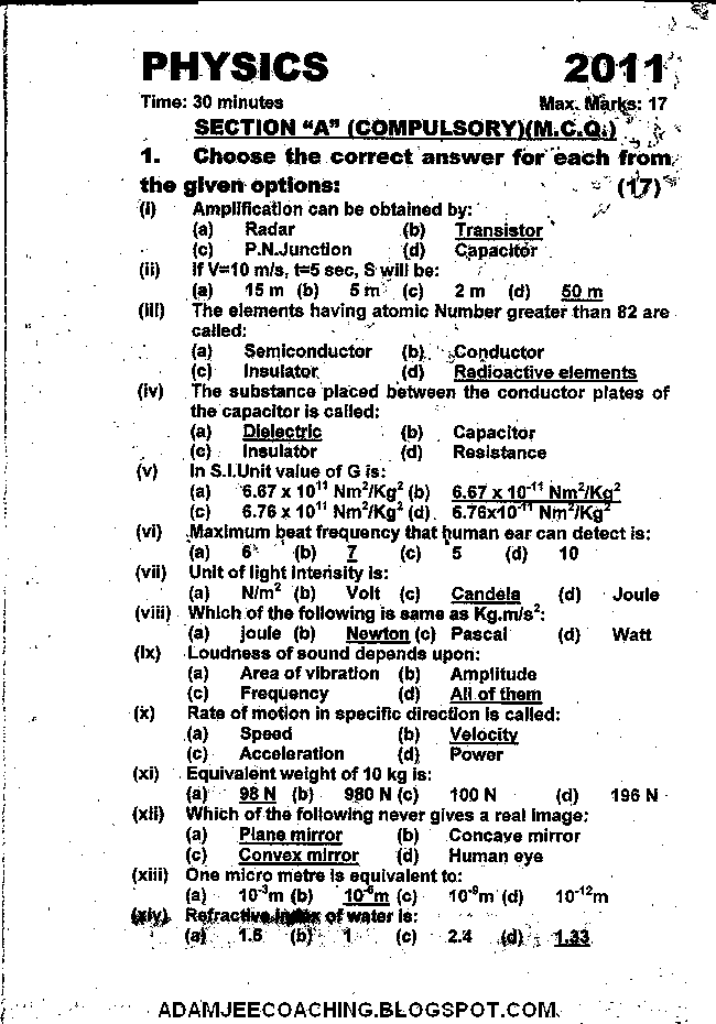 X Physics Past Year Paper - 2011