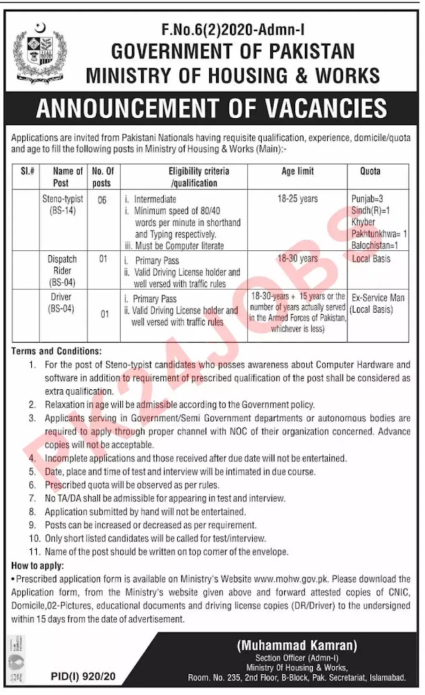 Government Jobs Ministry of Housing and Works MOHW Islamabad Jobs August 2020 Advertisement