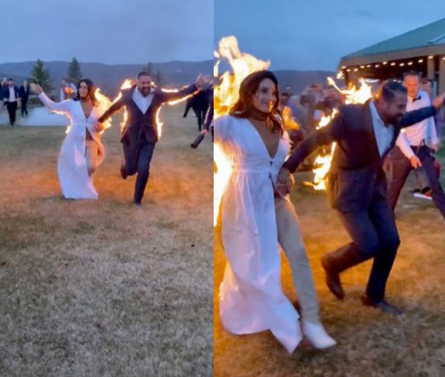 Bride and groom set themselves on fire in jaw-dropping wedding send off