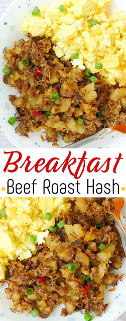 Use your leftover beef roast and potatoes in this delicious breakfast beef roast hash! Pure old school comfort food that's great with a fried egg on top, scrambled eggs on the side, cheddar cheese or sliced green onions on top!