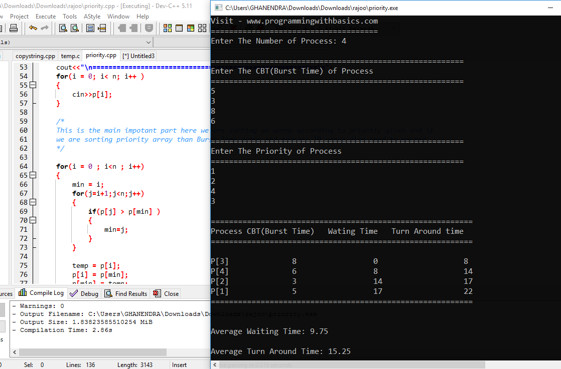 Non-Preemptive Priority Scheduling Program Output in C++