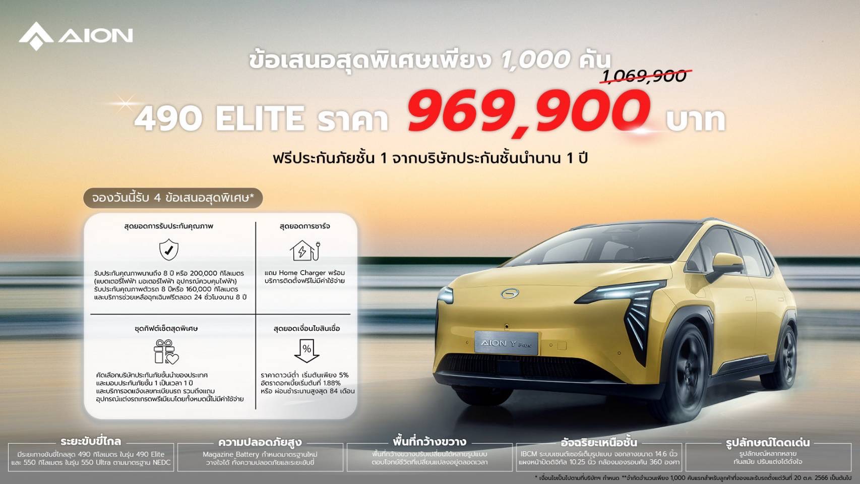 GAC AION มอบโปรโมชั่นพิเศษ 100,000 บาท ซื้อ AION Y Plus ได้แล้ววันนี้ ในราคาเพียง 969,900 บาทตั้งแต่วันที่ 20 ต.ค. 2566 จำกัดเพียงแค่ 1,000 คันเท่านั้น 