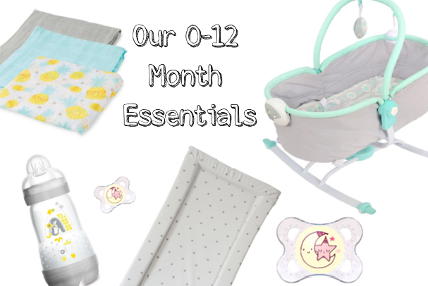 Image of the items we used most throughout the 0-12 month age group. Shows image of muslin cloths, mam dummy/ pacifier, mam anti colic bottles, pvc wipe clean changing mat and East Coast 2 in 1 Rocker.