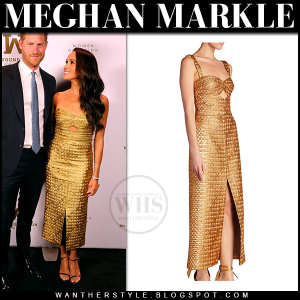 Meghan Markle in gold midi dress and sandals