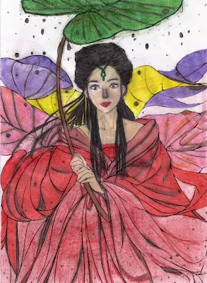 Desenho colorido de mulher com roupa vermelha