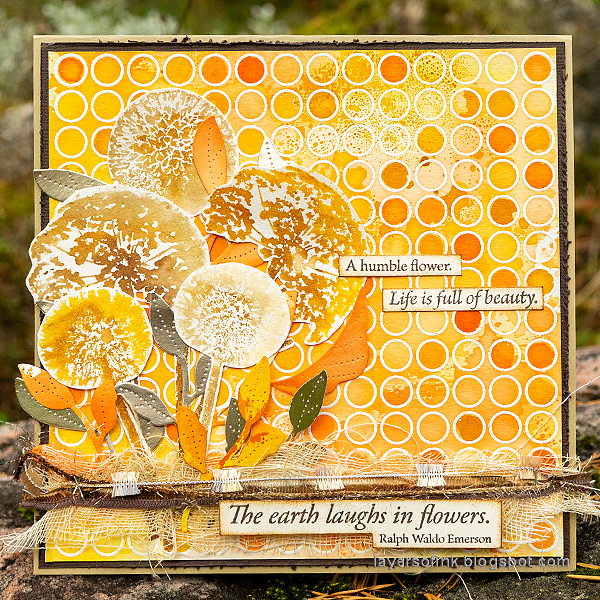 Layers of ink - Autumn Blooms Card Tutorial by Anna-Karin Evaldsson. Watercolor stamping with Simon Says Stamp Laugh In Flowers and Circle Pattern stamps.