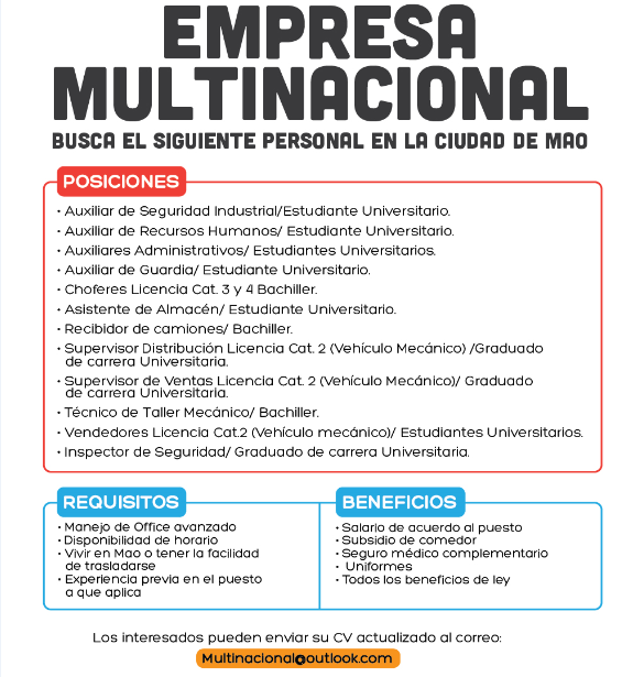 Empresa tiene 12 Vacantes en la Ciudad de Mao