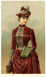 Color illustration of a young brunette woman wearing a Dark Red, almost rust, colored Velvet Dress with a bustle in the back. She has on a matching Hat with an Ostrich plume on the top of it. She’s also wearing long gloves. [Part of this image description was taken from the site that provided the image.  Link is in the image caption.]