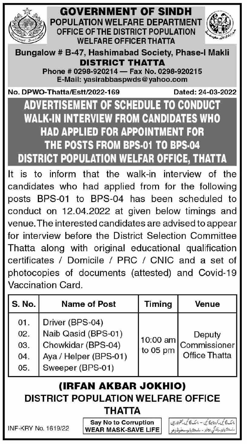 Latest District Population Welfare Office Management Posts Thatta 2022