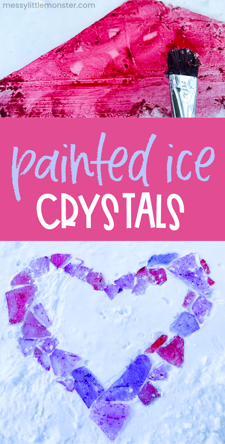 Painted ice crystals. Painting on ice activity for kids.