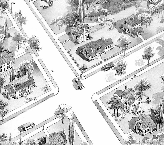 a 1935 neighborhood birdseye view illustration, a street intersection