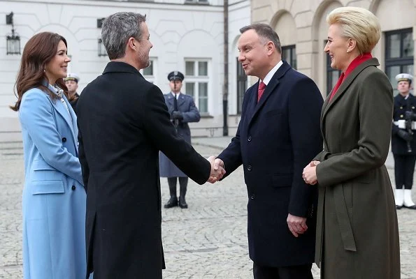 Crown Princess Mary wore Strenesse wool virgin coat in Loro Piana and print blouse. Andrzej Duda and Agata Kornhauser-Duda