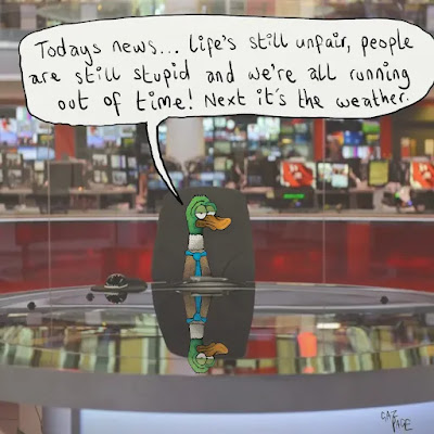 Cartoon duck reads the news nihilistically