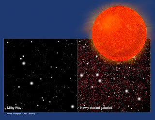 Imagen que compara la cantidad de enanas rojas en las proximidades de galaxias elípticas y las de la Vía Láctea