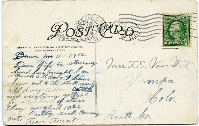 Back of the postcard including Forrest Van Wert's handwriting