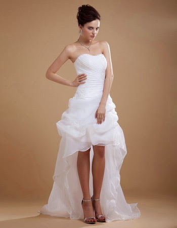 Sexy High-Low Strapless Organza Short Beach Wedding Dress for Summer