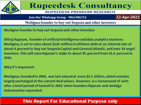MuSigma founder to buy out Sequoia and other investors - Rupeedesk Reports - 22.04.2022