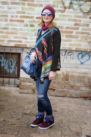 aztec print colorful cardigan, cichic multicolored cardigan, burgundy beanie, Fashion and Cookies, fashion blogger