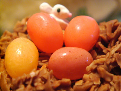 Chocolate-coconut nests with jelly bean eggs