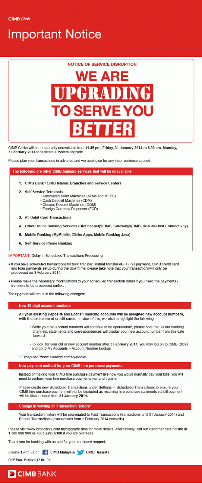 NOTIS : Mesin ATM, CDM, Debit Card CIMB, CIMB Click tidak 