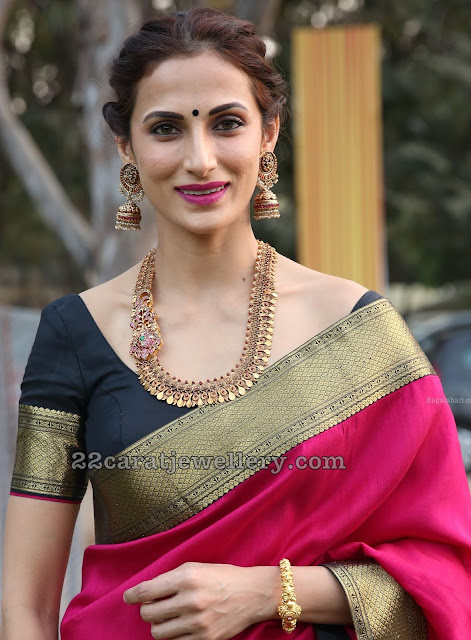 Shilpa Reddy in Antique Peacock Haram Ruby Jhumkas