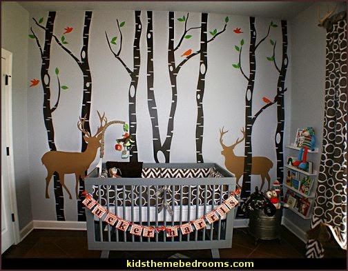 wall decor ideas for baby nursery Snow Birch Forest Wall Decals Tree with Birds and Deer | 504 x 393
