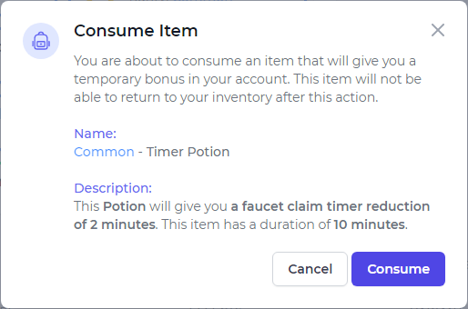 Name:  Common - Timer Potion  //  Description:  This Potion will give you a faucet claim timer reduction of 2 minutes. This item has a duration of 10 minutes.