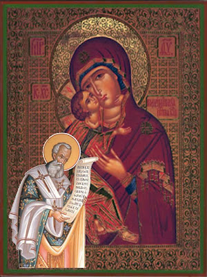 San Atanasio con vestiduras de obispo griego lee ante la Imagen de la Virgen Maria.