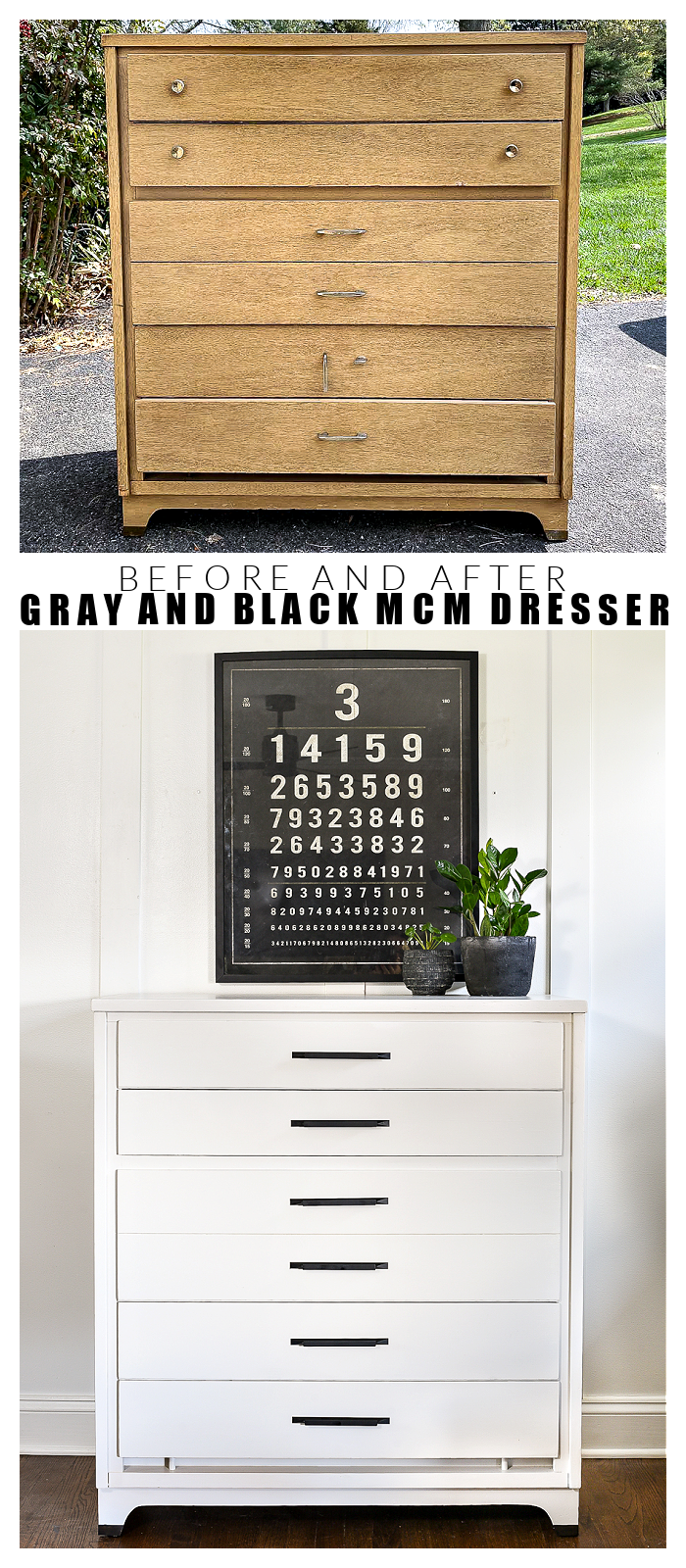 Before and after gray painted mcm dresser