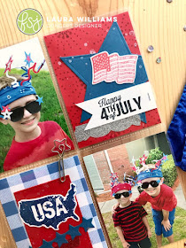 create a pocket page, an 8.5x11 page, and a 12x12 page with the same layout. Fun Stampers Journey rubber stamps and dies are the perfect tools for create patriotic scrapbook layouts for 4th of July memory keeping. #funstampersjourney #lauralooloo #scrapbooking