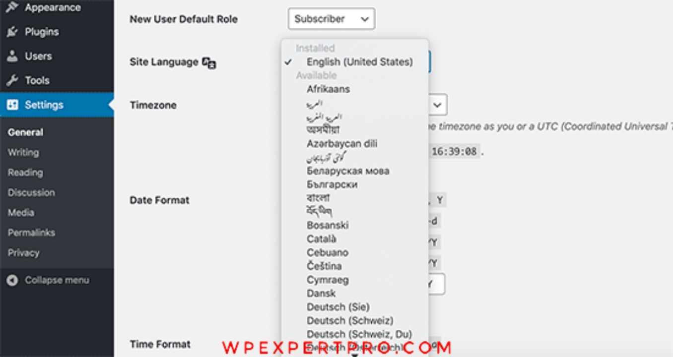 WordPress allows you to choose a language.