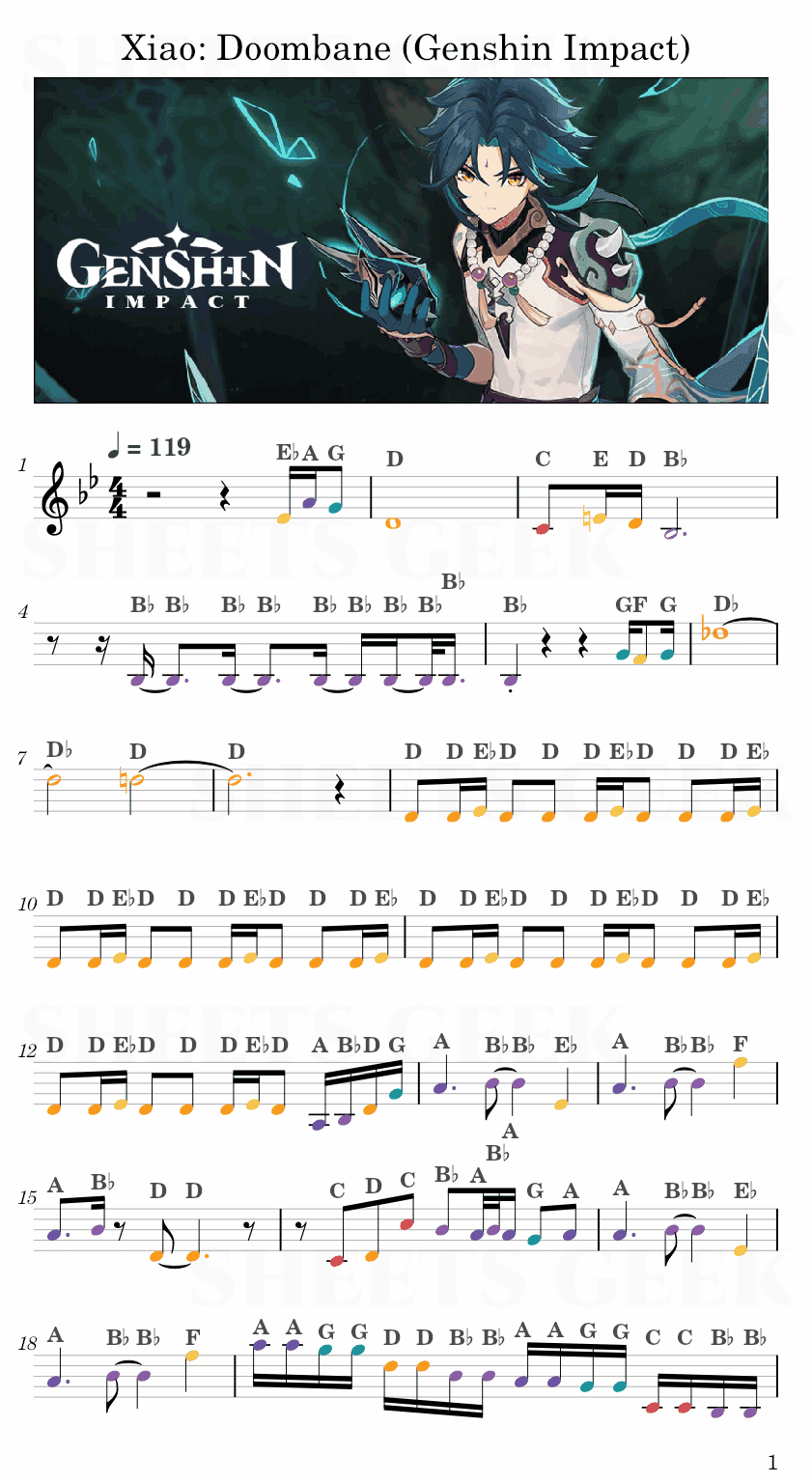 Xiao: Doombane (Genshin Impact) Easy Sheet Music Free for piano, keyboard, flute, violin, sax, cello page 1