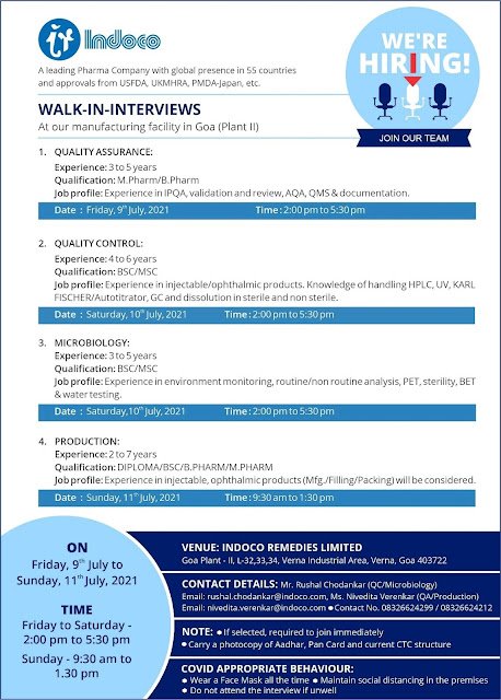Job Availables, Indoco Remedies Walk In Interview For Bsc/ MSc/ B.Pharm/ M.Pharm/ Diploma/ Microbiology