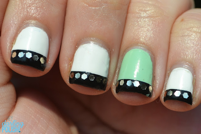 Nails, Nail Art, New York Color French White Tip, Sally Hansen Mint Sorbet, Sinful Colors Black On Black, Glequins, Tape Manicure