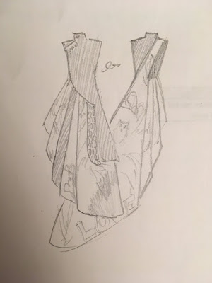 A pencil sketch of a long, sleeveless dress with a high collar and asymmetrical front opening, with tiered, fanned out pleats in front and a long sweeping train behind.