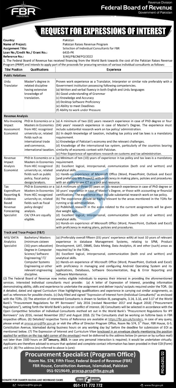 Latest Federal Board of Revenue FBR Management Posts Islamabad 2023