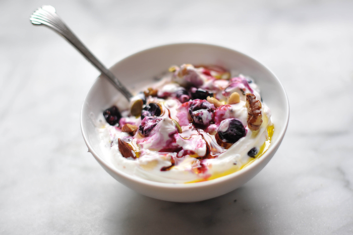 Breakfast yogurt blueberries bananas olive oil nuts healthy vegan clean eating