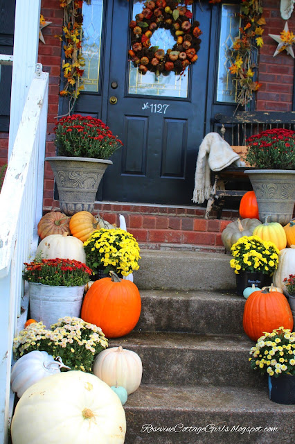 Farmhouse Style, Porch Decor, Mums, Pumpkins, Fall Decor