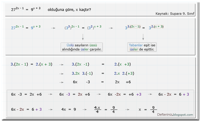 Örnek soru 1 » Üslü denklemler » üslü sayıların üsleri (Kaynak: Supara 9. Sınıf).