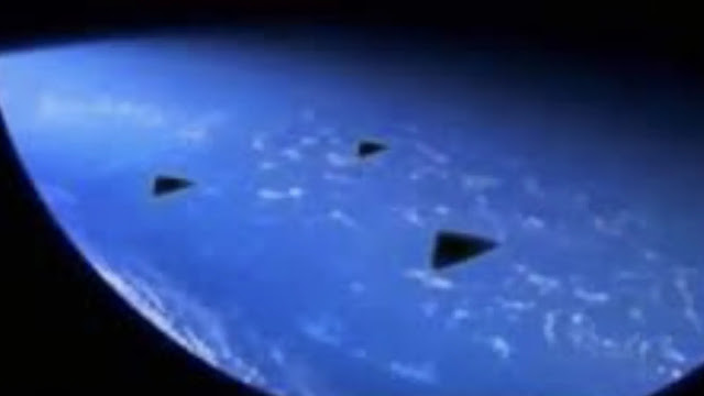 Three UFOs in the shape of triangles flying past the ISS or International Space Station in history.