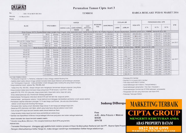 BROSUR LENGKAP DAFTAR HARGA PERUMAHAN TAMAN CIPTA ASRI 3 - BATAM 2016